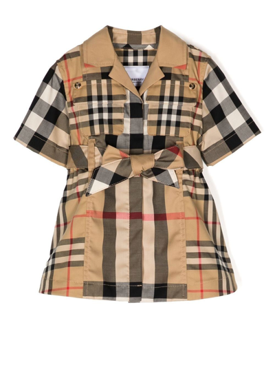 Shop Burberry Front Bow Check Dress In Brown