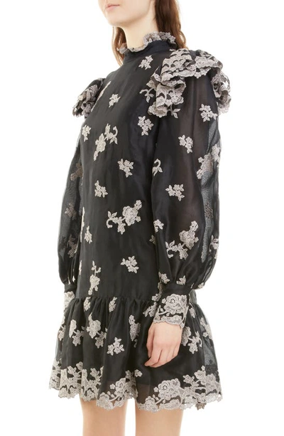 Shop Erdem Nella Embroidered Floral Long Sleeve Organza Dress In Black