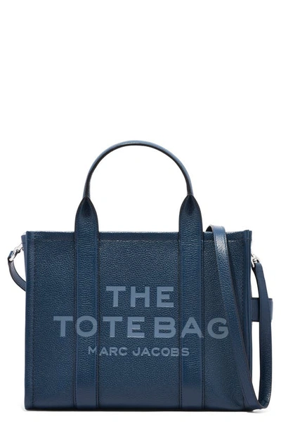 Shop Marc Jacobs The Leather Medium Tote Bag In Blue Sea