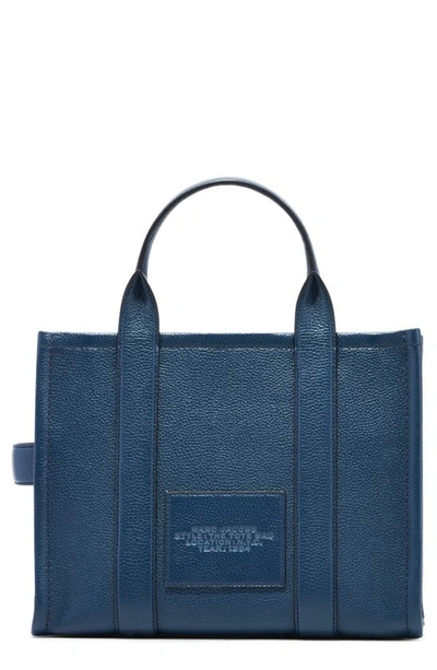 Shop Marc Jacobs The Leather Medium Tote Bag In Blue Sea