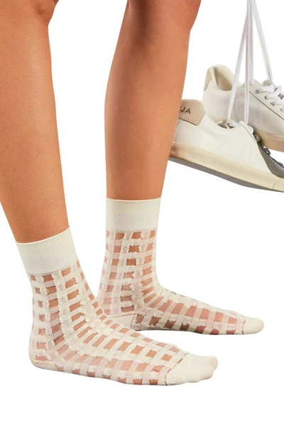 Shop High Heel Jungle Gingham Places Sheer Quarter Crew Socks In Eggshell