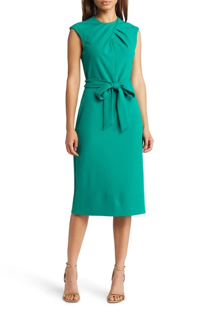 Tahari Asl Cross Neck Tie Waist Sheath Dress In Dynasty Green