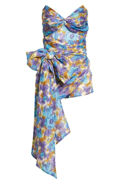Shop Zimmermann High Tide Strapless Linen & Silk Wrap Romper In Blue Ikat Floral