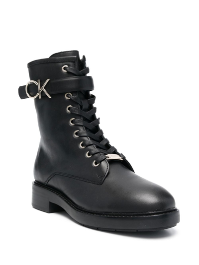 Calvin Klein Logo-buckle Combat Boots In Black