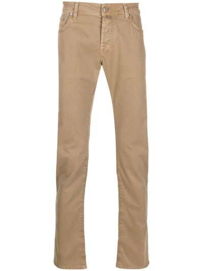 Shop Jacob Cohen Five-pocket Logo-tag Straight-leg Trousers In Neutrals