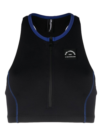 Shop Karl Lagerfeld Sporty Logo Zipper Swim Top In Black