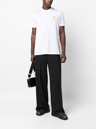 Versace White Crewneck T-shirt With Medusa Embroidery On The Front In Cotton Man In White