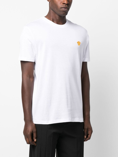 Versace White Crewneck T-shirt With Medusa Embroidery On The Front In Cotton Man In White