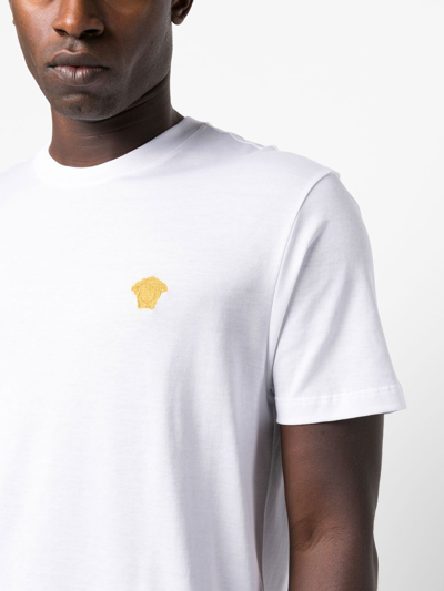 Versace White Crewneck T-shirt With Medusa Embroidery On The Front In Cotton Man In White