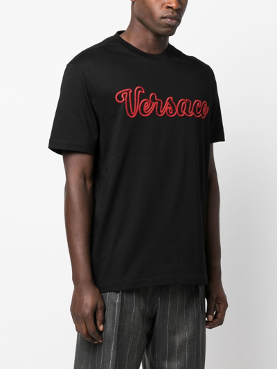 Shop Versace Varsity Logo-embroidered T-shirt In Black