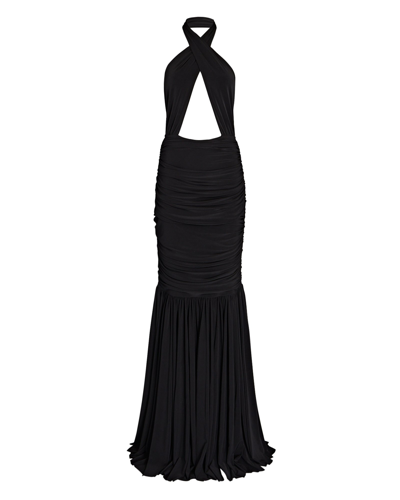 Shop Norma Kamali Cross-front Halter Fishtail Gown In Black