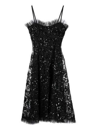 Pre-owned Saint Laurent 1980s Sequinned Lace Flared Dress In Black
