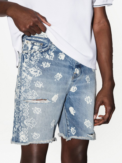 Shop Amiri Bleach Bandana-print Denim-shorts In Blue