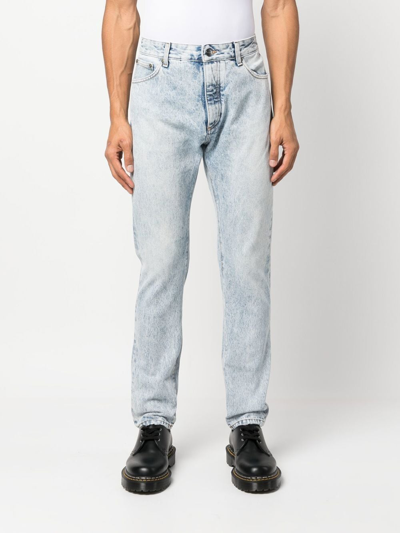 Shop Palm Angels Curved-logo Print Jeans In Blue