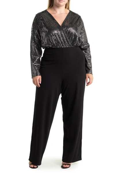 By Design Sandra Dico Dot Sequin Long Sleeve Jumpsuit In Black/ Silver