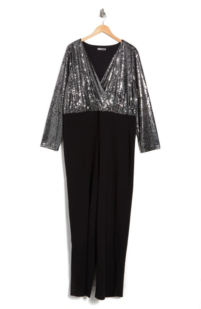 By Design Sandra Dico Dot Sequin Long Sleeve Jumpsuit In Black/ Silver