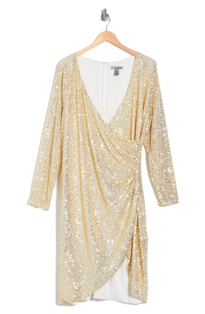 By Design Frances Sequin Side Ruched Wrap Mini Dress In Gold/ Ivory
