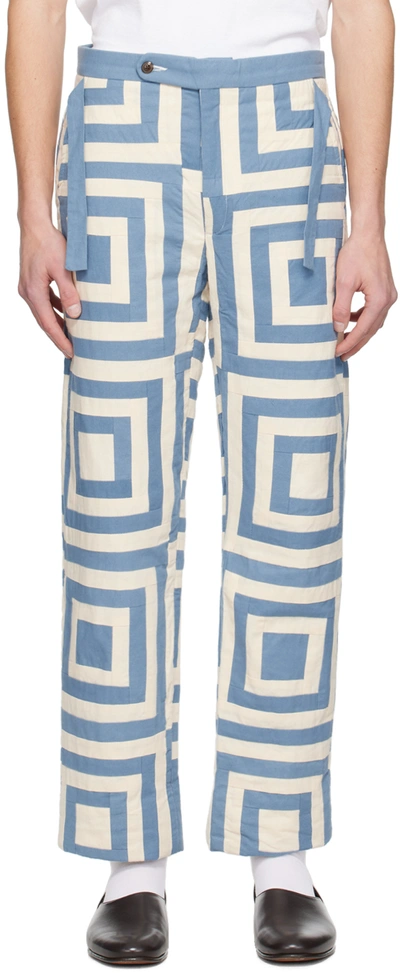 Shop Bode Blue & Off-white House Steps Trousers In Blcrm Blue Cream