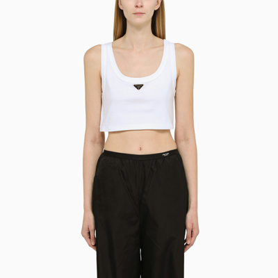 White Triangle-logo cotton-jersey crop top, Prada