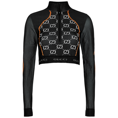 Shop Gucci Gg-jacquard Cropped Stretch-jersey Top In Black