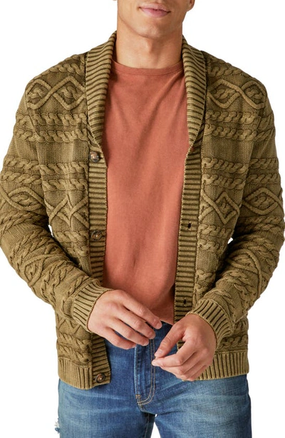 Shop Lucky Brand Shawl Collar Cable Stitch Cardigan In Drk Olive Acid Wash
