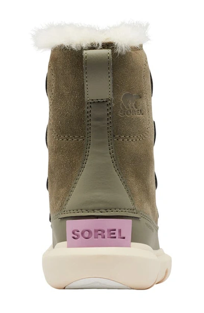 Shop Sorel Kids' Explorer Waterproof Boot With Faux Fur Trim In Stone Green/ White P