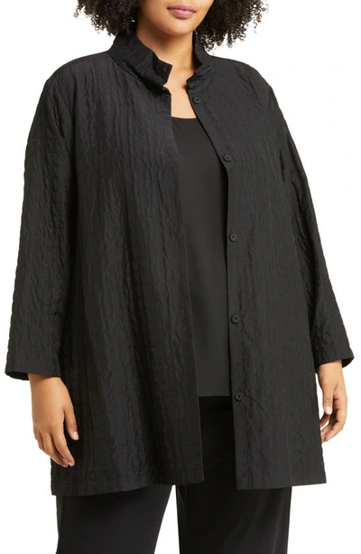 Shop Eileen Fisher Quilted Stand Collar Silk Longline Jacket In Black