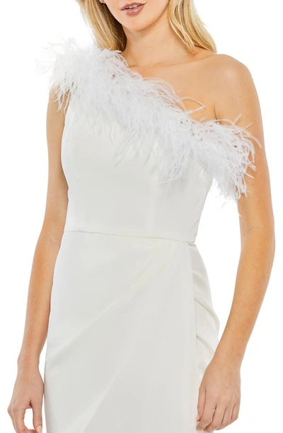 Shop Mac Duggal Faux Feather Trim One-shoulder Dress In White