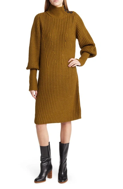 Shop Moon River Button Detail Turtleneck Long Sleeve Sweater Dress In Olive
