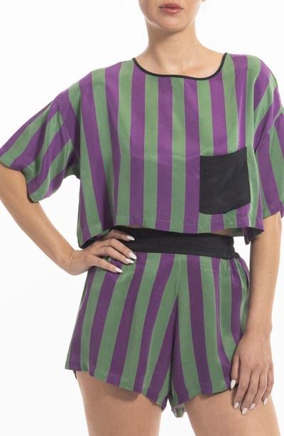 Shop Niluu Harper Stripe Crop Satin Pajama Top In Green Stripe