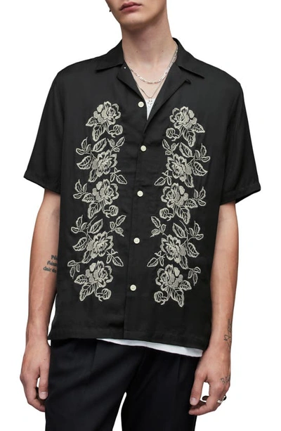 Shop Allsaints Missouri Short Sleeve Button-up Shirt In Jet Black/ Ecru
