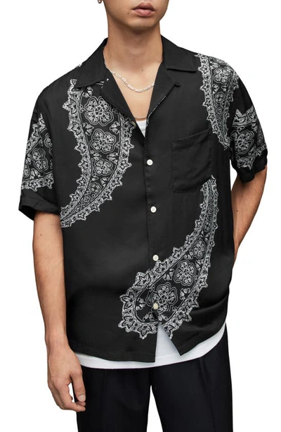 Shop Allsaints Aaran Relaxed Fit Paisley Short Sleeve Button-up Camp Shirt In Jet Black