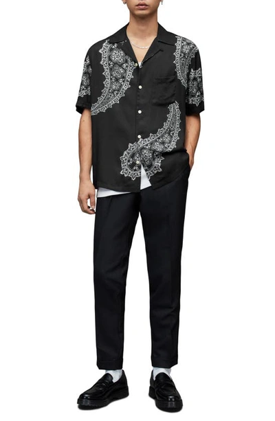 Shop Allsaints Aaran Relaxed Fit Paisley Short Sleeve Button-up Camp Shirt In Jet Black