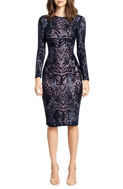 Shop Dress The Population Emery Long Sleeve Sequin Cocktail Dress In Navy