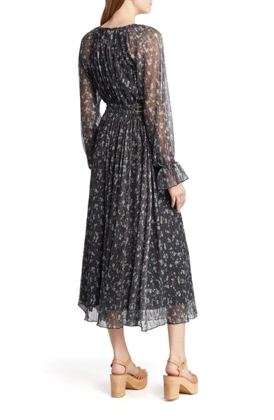 Shop Moon River Smocked Cutout Waist Long Sleeve Midi Dress In Black Multi