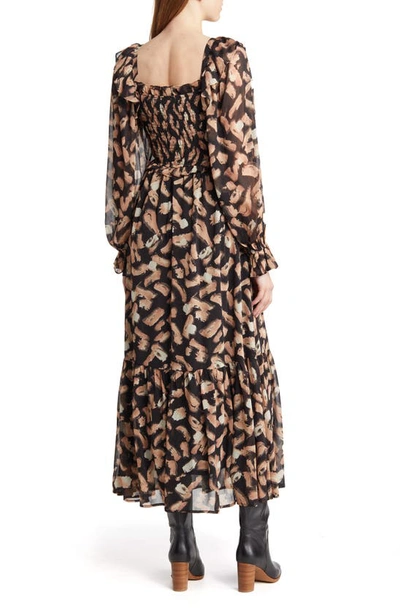 Shop Moon River Shirred Square Neck Long Sleeve Smocked Maxi Dress In Black Multi