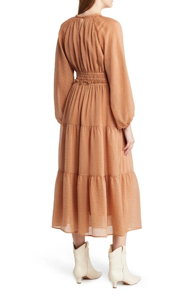 Shop Moon River Smocked Waist Ruffle Metallic Maxi Dress In Terracotta