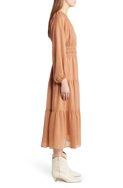 Shop Moon River Smocked Waist Ruffle Metallic Maxi Dress In Terracotta