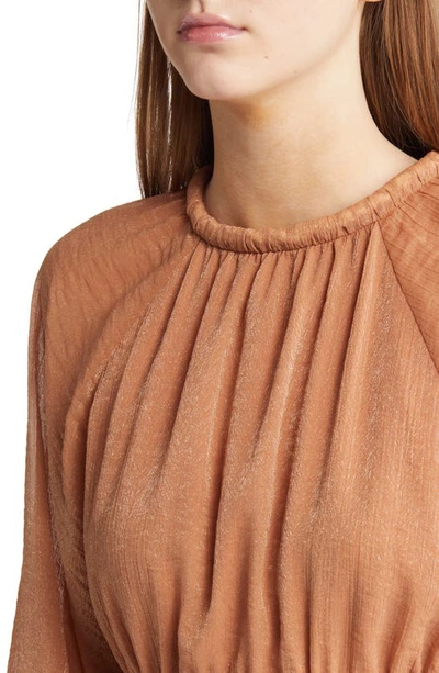 Moon River Smocked Waist Ruffle Metallic Maxi Dress In Terracotta