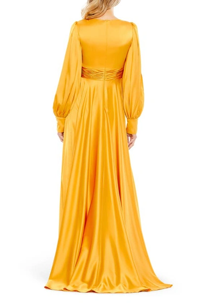 Shop Mac Duggal Split Long Sleeve Satin A-line Gown In Marigold