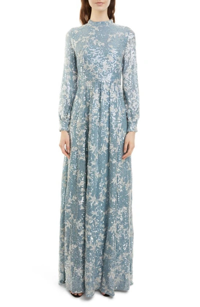 Shop Erdem Kara Sequin Vine Long Sleeve Gown In Blue/ Silver