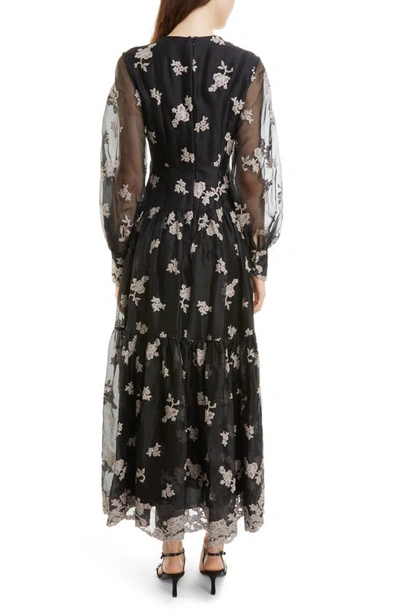 Shop Erdem Tabetha Embroidered Floral Long Sleeve Tiered Organza Maxi Dress In Black