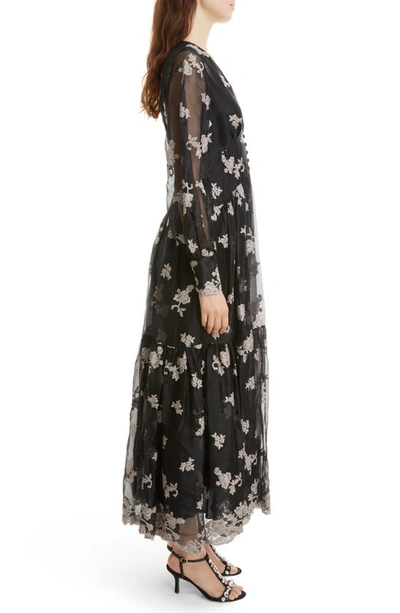 Shop Erdem Tabetha Embroidered Floral Long Sleeve Tiered Organza Maxi Dress In Black