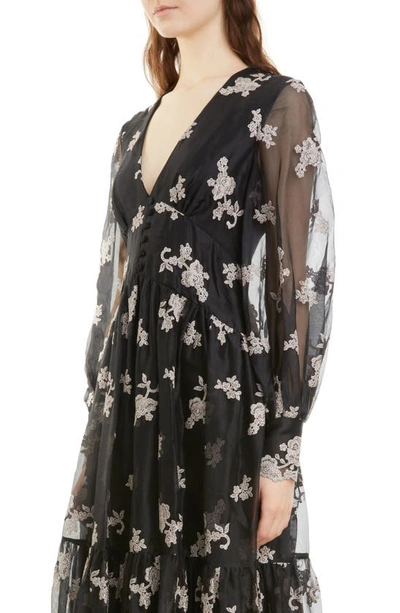 Shop Erdem Tabetha Embroidered Floral Long Sleeve Tiered Organza Maxi Dress In Black