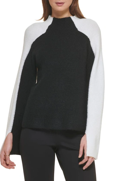 Shop Dkny Colorblock Funnel Neck Sweater In Black/ Ivory