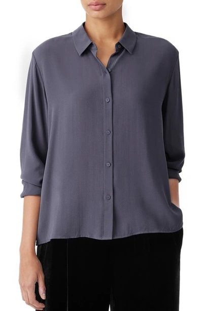 Shop Eileen Fisher Classic Collar Easy Silk Button-up Shirt In Twilight