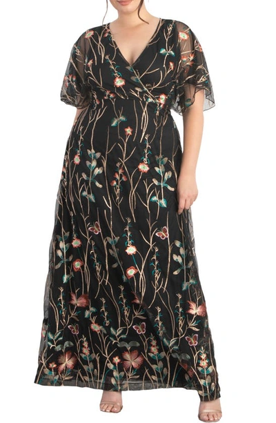 Shop Kiyonna Embroidered Elegance Floral Gown In Onyx