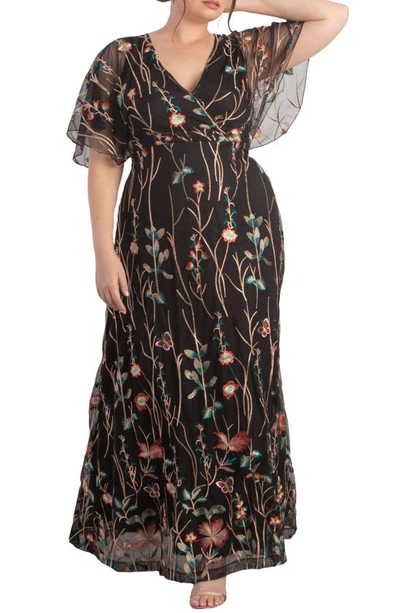 Shop Kiyonna Embroidered Elegance Floral Gown In Onyx