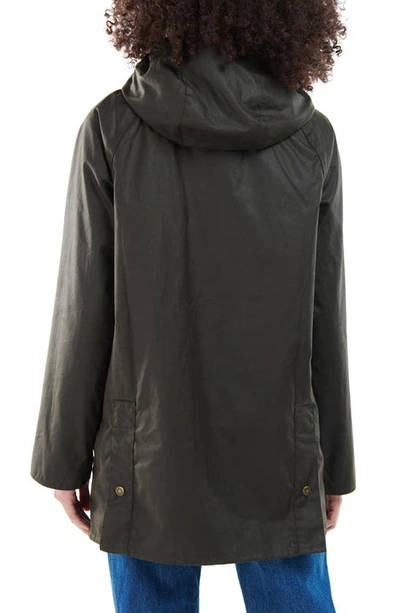 Barbour Highclere Hooded Mid Length Waxed Jacket In Olive