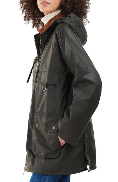 Barbour Highclere Hooded Mid Length Waxed Jacket In Olive